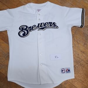 Majestic Brewers White and Navy Jersey